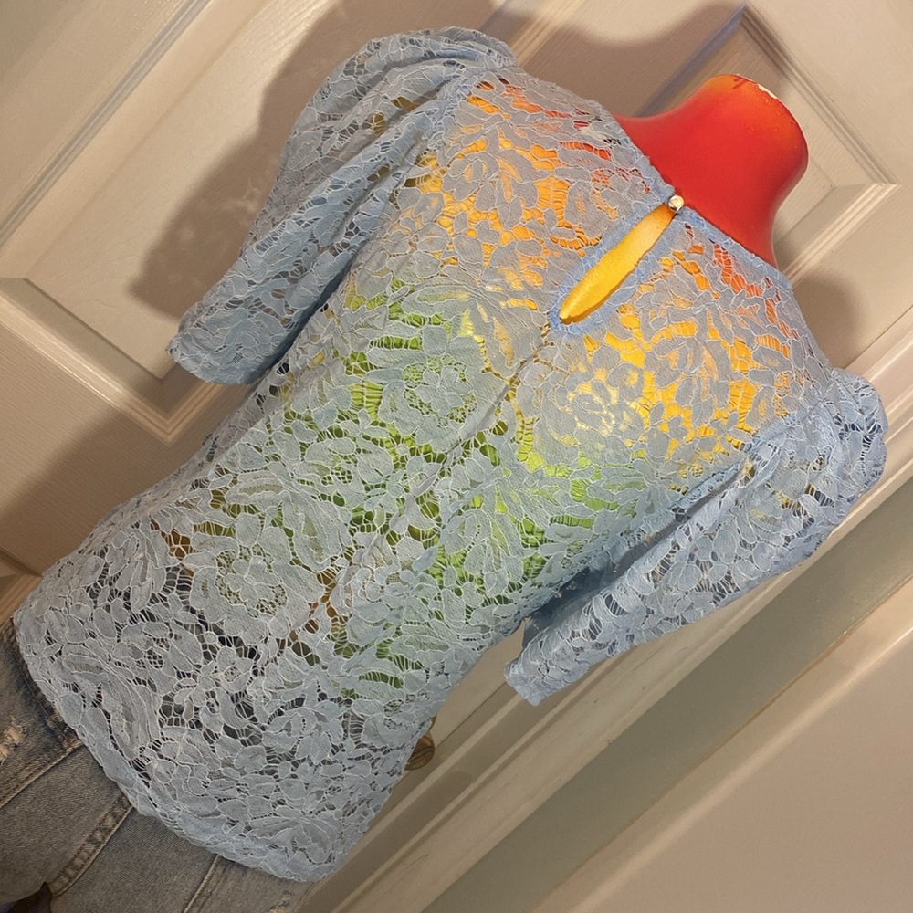 Haute Monde Light Blue Lace Blouse - Picture 7 of 11